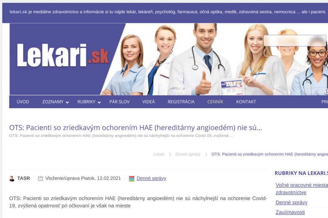 Pacienti so zriedkavým ochorením HAE (hereditárny angioedém) nie sú... - obrázok